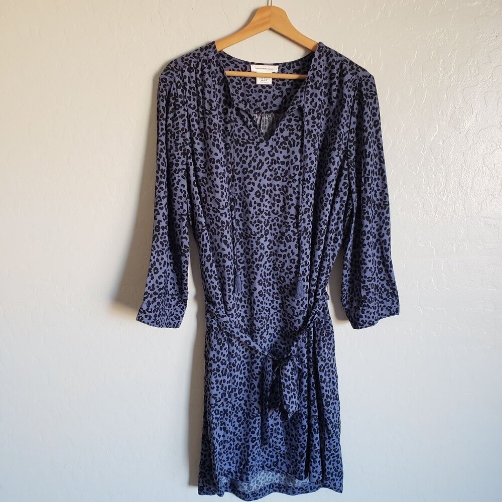 Beachlunchlounge Riley Leopard Print Dress Tie Waist Blue/Black Womens XL Tassel
